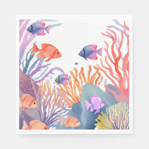 Serviette En Papier Récif de Corail   Poisson Coloré Océan Aquarelle