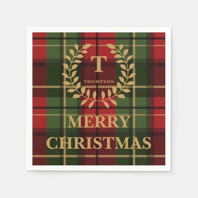 Serviette En Papier Red And Green Christmas Plaid Custom Monogram (Devant)
