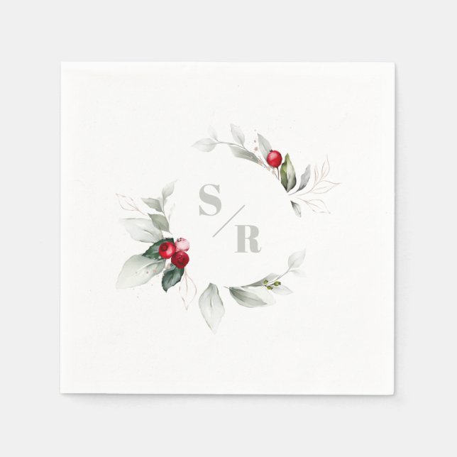 Serviette En Papier Red Berries Holiday Chevaucher son et son monogram (Devant)