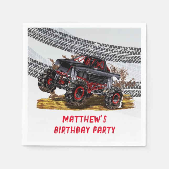 Serviette En Papier Red Black Monster Camion Anniversaire Fête Invitat (Devant)
