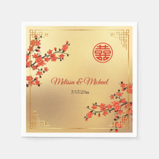 Serviette En Papier   Red Cherry Blossoms Gold Chinese Wedding Custom