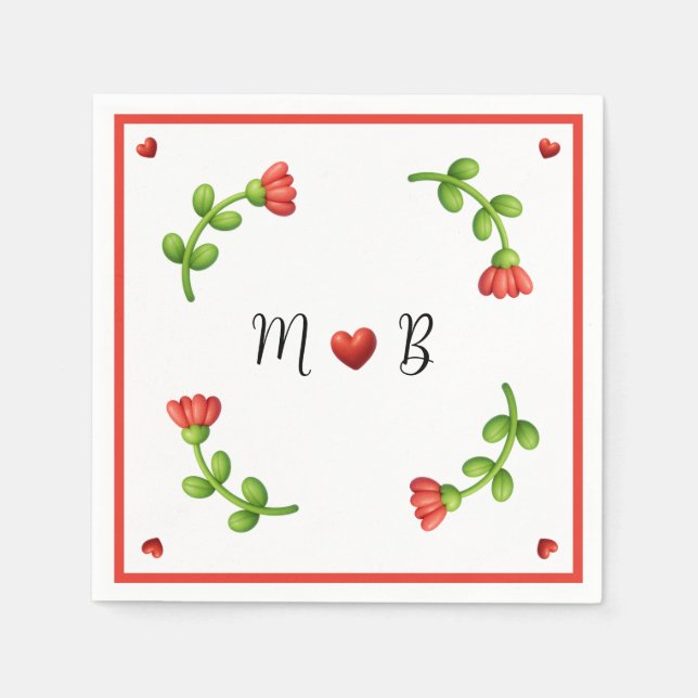 Serviette En Papier Red Flower Paper Napkins – Personalized Monogram (Devant)