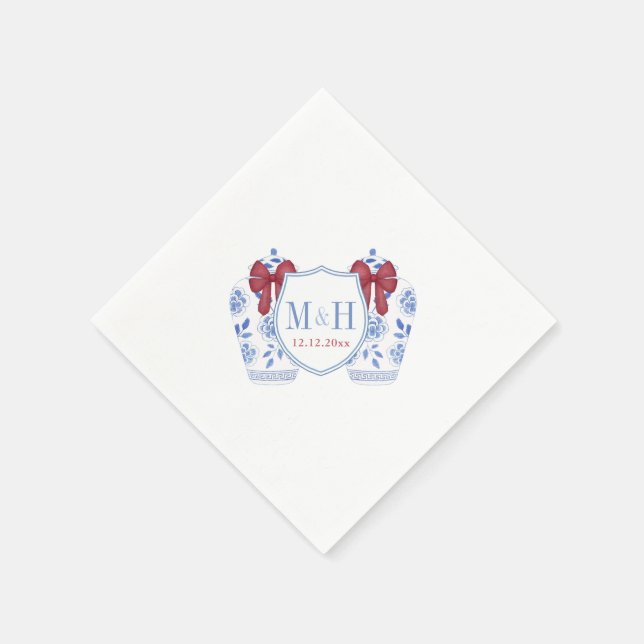 Serviette En Papier Red Ginger Jar Monogram Crest Mariage de Noël (Coin)