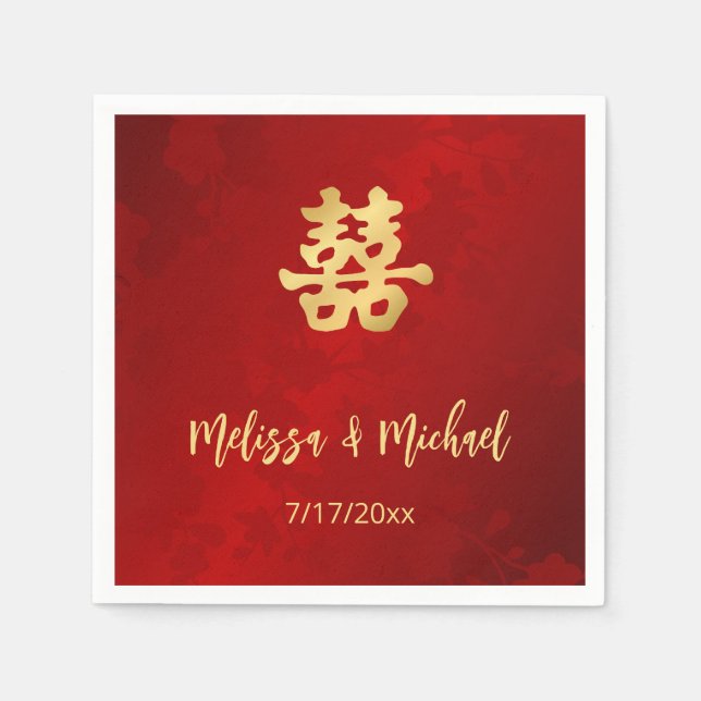 Serviette En Papier Red Gold Mariage chinois personnalisé (Devant)