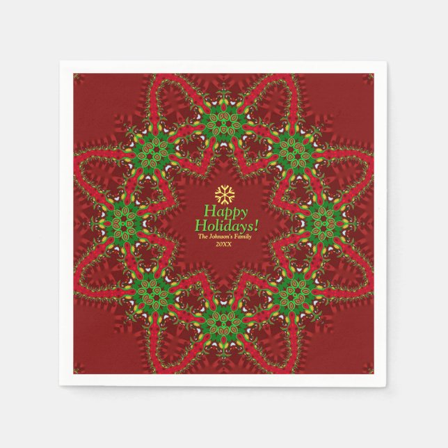 Serviette En Papier Red & Green Christmas Holidays Nom personnalisé (Devant)