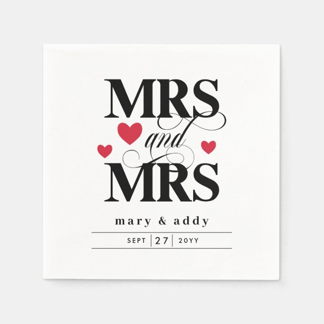 Serviette En Papier Red Hearts Mrs & Mrs Lesbian Mariage (Devant)
