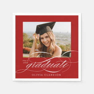 Serviette En Papier Red Modern Elegant Script Photo Graduation Party