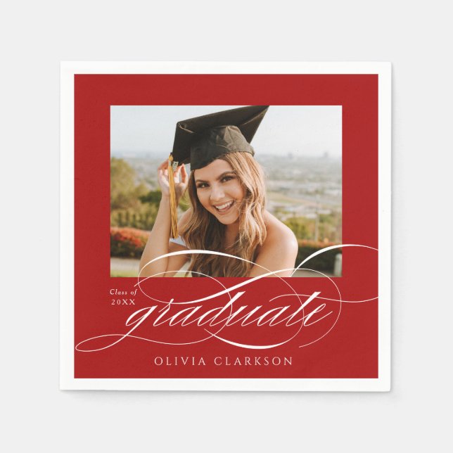 Serviette En Papier Red Modern Elegant Script Photo Graduation Party (Devant)