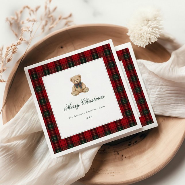 Serviette En Papier Red Plaid Teddy Bear Christmas Party (Créateur téléchargé)