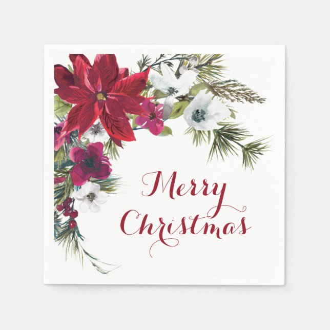 Serviette En Papier Red Poinsettia Floral Joyeux Noël (Devant)