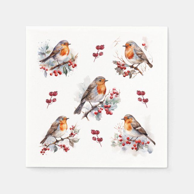 Serviette En Papier Red Robin Holly Christmas (Devant)