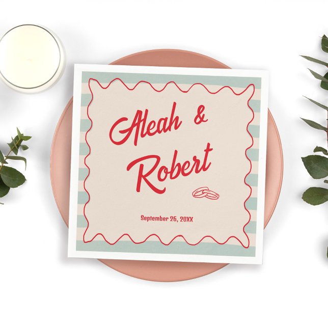 Serviette En Papier Red Script Blue Stripes Retro Wedding (Créateur téléchargé)