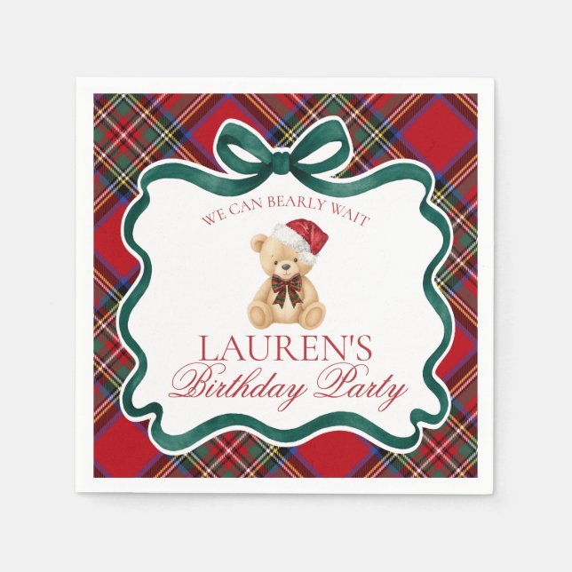 Serviette En Papier Red Tartan Plaid Christmas Bear Birthday Party (Devant)