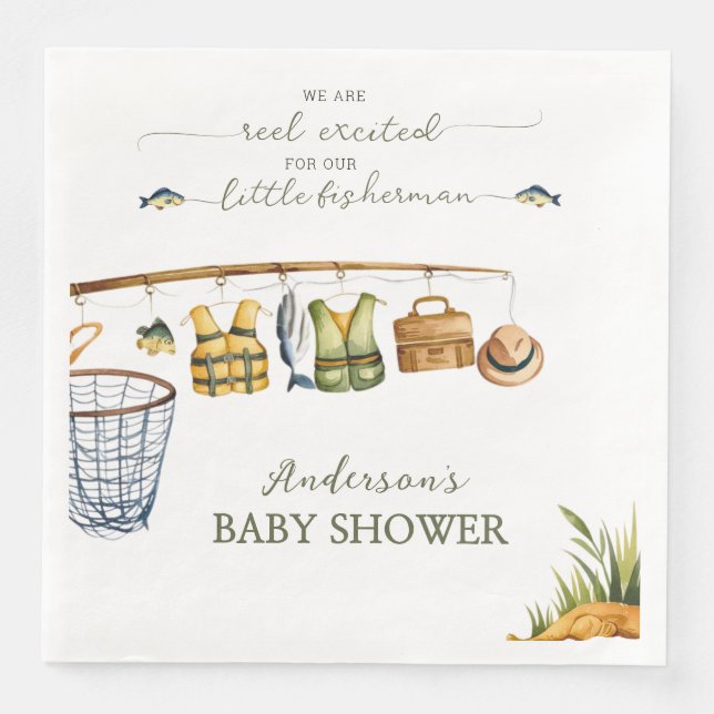 Serviette En Papier Reel Excited Little Fisherman Fishing Baby Shower  (Devant)