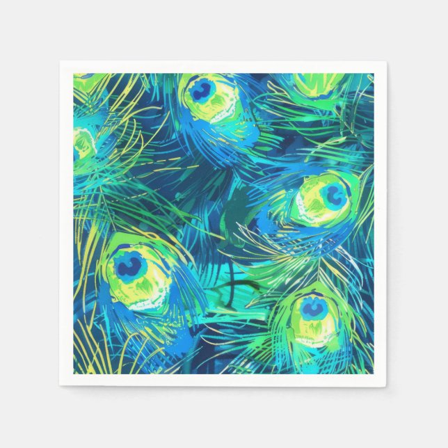 Serviette En Papier Regal Plumage : Plumes de paon bleu et vert (Devant)