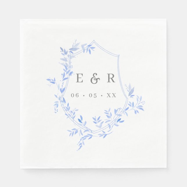 Serviette En Papier Regency Blue Feuille Crest Monogram Mariage (Devant)