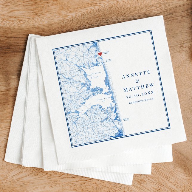 Serviette En Papier Rehoboth Beach Delaware Map Elégant Mariage de la  (Elegant Rehoboth Beach Delaware map custom napkins with navy blue map from Coastal Map Designs)