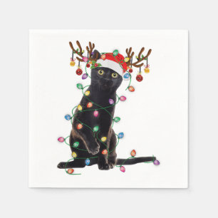 Serviette En Papier Reindeer Chat Noir Feux de Noël Drôle Chat Amour