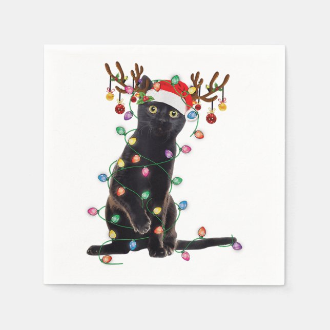 Serviette En Papier Reindeer Chat Noir Feux de Noël Drôle Chat Amour (Devant)