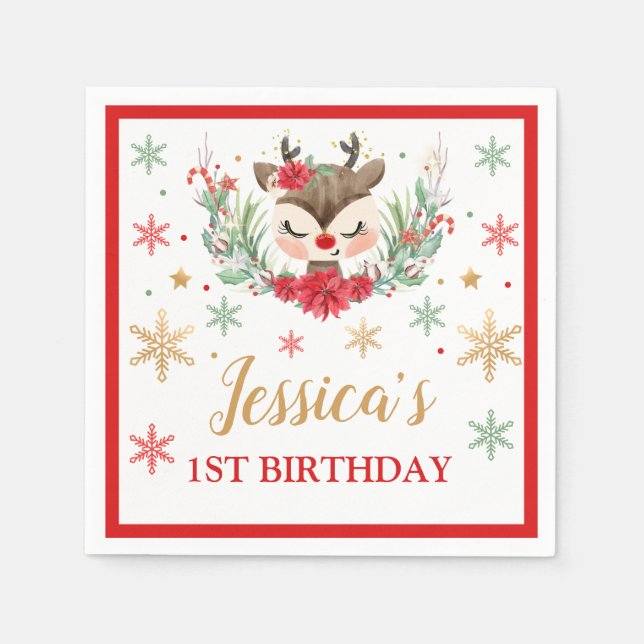 Serviette En Papier Reindeer Noël 1er anniversaire Red Winter Deer (Devant)
