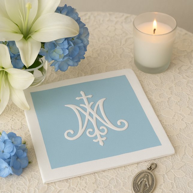 Serviette En Papier Religieux Monogramme de Marie Catholique Bleu Blan (Créateur téléchargé)