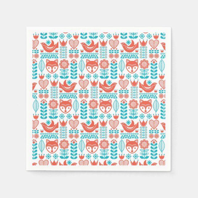 Serviette En Papier Renard finlandais et Motif d'art folklorique (Devant)