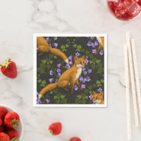 Renard, fleurs et lierre, vert, orange et viole