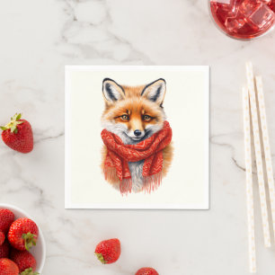 Serviette En Papier Renard mignon avec une écharpe rouge Image d'autom