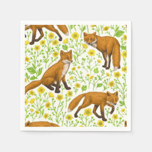 Serviette En Papier Renards et papillons sur le blanc naturel