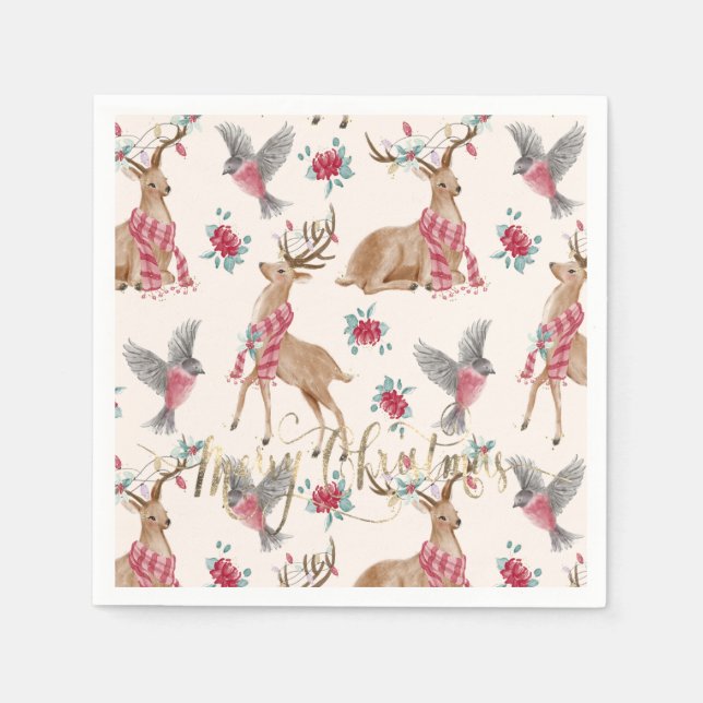 Serviette En Papier Rennes adorables, oiseaux, fleurs (Devant)