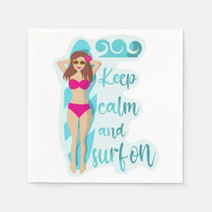 Serviette En Papier Restez calme et surf sur la brunette fille Carte
