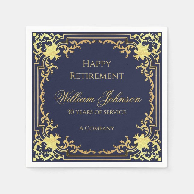 Serviette En Papier Retraite Marine Bleu Élégant Script Faux Gold Foil (Devant)