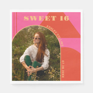 Serviette En Papier Retro Arch rose & orange Photo Sweet 16 Anniversai