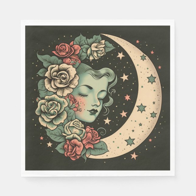 Serviette En Papier Retro Art Déco Green Crescent Lady Lune Lune (Devant)