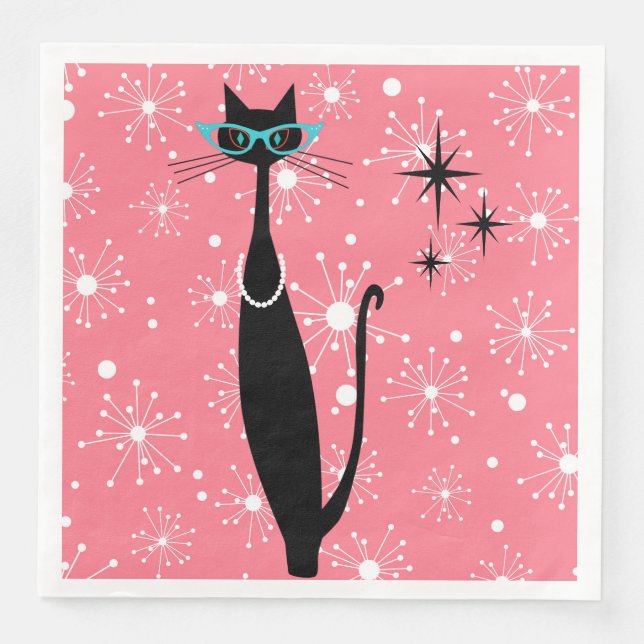 Serviette En Papier Retro Atomique Moyen Siècle Moderne MCM Chat noir (Devant)