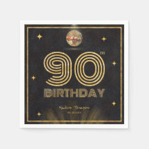 Retro Black Gold Disco Ball Party 90th Birthday