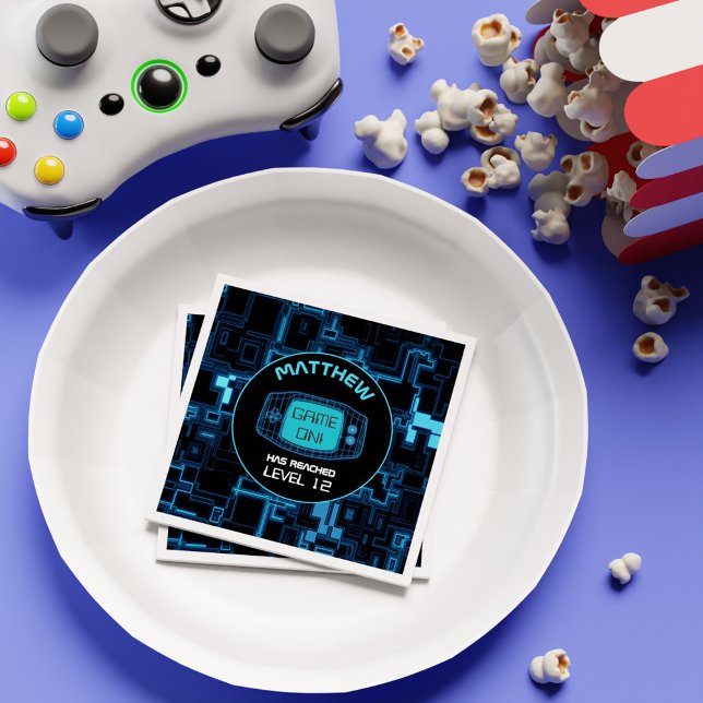 Serviette En Papier Retro Blue Neon Garçon Gamer pour enfants fête d'a (Retro Blue Neon Boy Gamer for Kids Birthday Party Napkins)