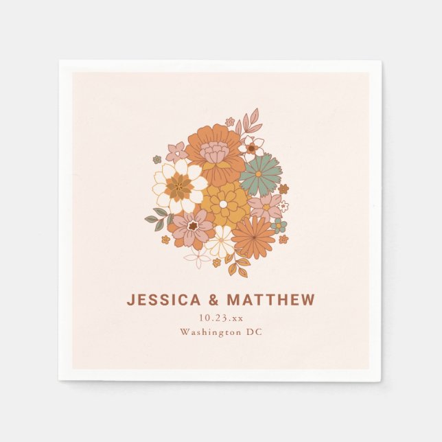 Serviette En Papier Retro Boho Terracotta Floral Custom Name Wedding  (Devant)