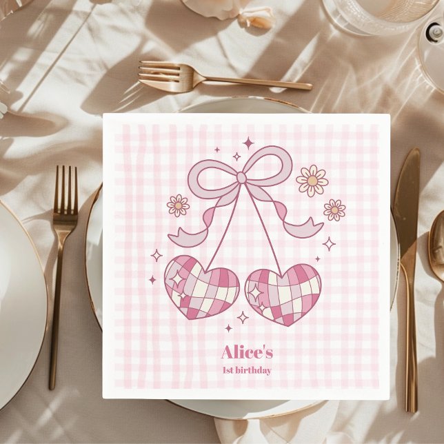 Serviette En Papier Retro Cute Pink Bow Coquette 1er anniversaire (Créateur téléchargé)
