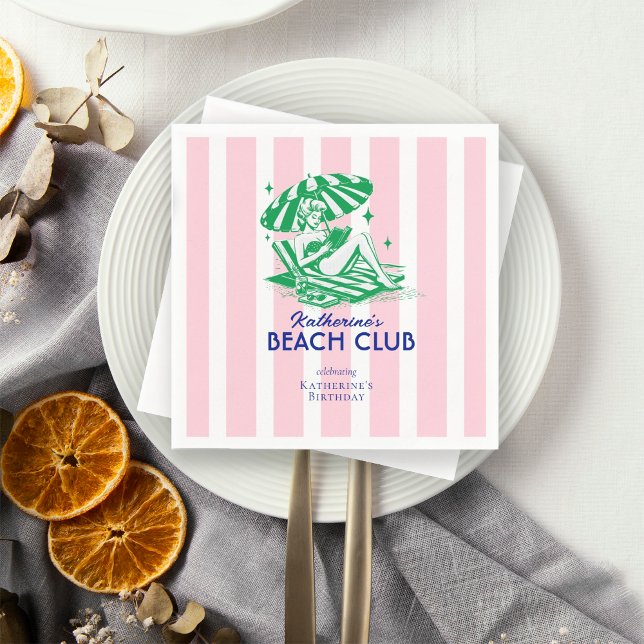 Serviette En Papier Retro Girl Beach Club Pink Stripes Birthday (Créateur téléchargé)