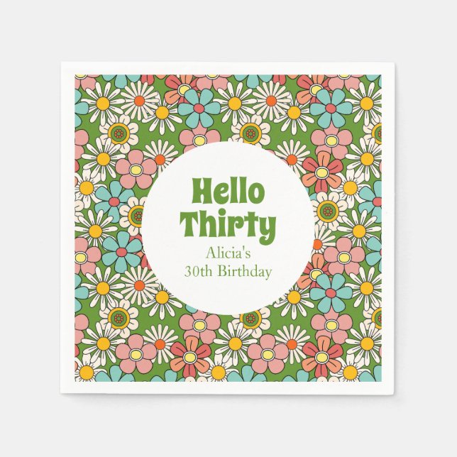 Serviette En Papier Retro Hippie Super Fleur Bonjour Trente Anniversai (Devant)