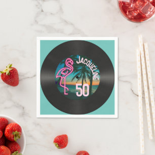 Serviette En Papier Retro Record Tropical Neon Flamant rose 50e annive