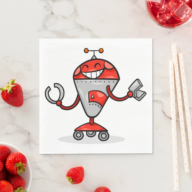 Serviette En Papier Retro Robot Cartoon amusant Rouge et Argent AI Bot (Créateur téléchargé)