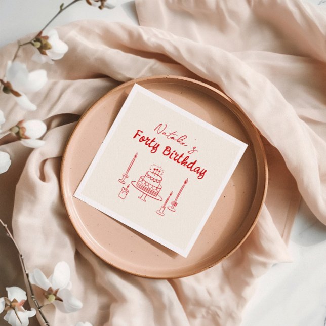 Serviette En Papier Rétro Rouge 40ème Main tiré gâteau Quarante Annive (Créateur téléchargé)