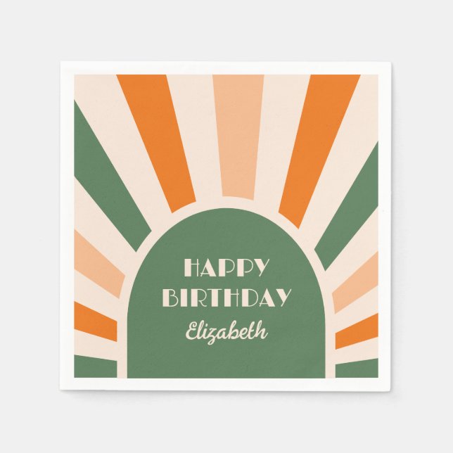 Serviette En Papier Retro Sunburst Arch Typographie Anniversaire Vert (Devant)