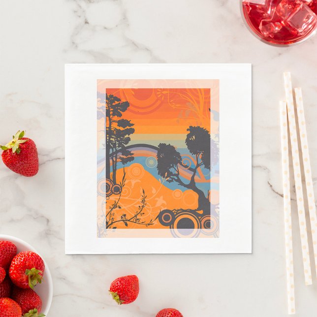 Serviette En Papier Retro Sunset Forest Paysage Abstrait (Créateur téléchargé)