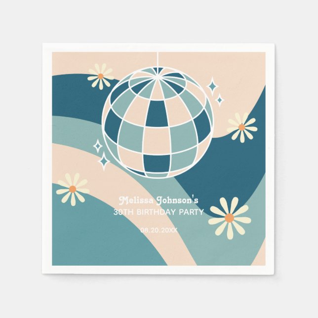 Serviette En Papier Retro Super Wave Disco Ball Daisy Green Anniversai (Devant)