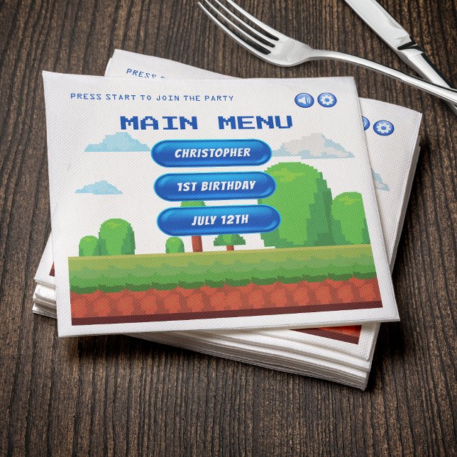 Serviette En Papier Retro Video Game Menu 1ère fête d'anniversaire (Créateur téléchargé)