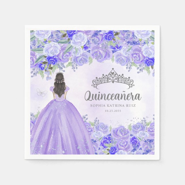 Serviette En Papier Robe Florale violette Princesse Tiara Quinceanera (Devant)