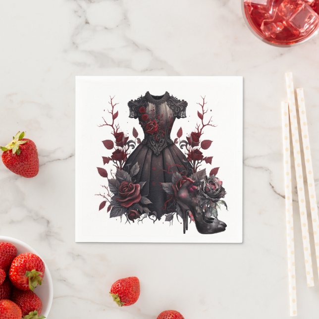 Serviette En Papier Robe noire victorienne | Roses anciens et talons (En situation)